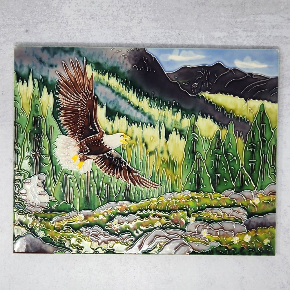 Vintage LARGE Hand Painted Ceramic Tile Art With Bald Eagle & Mountain Scene